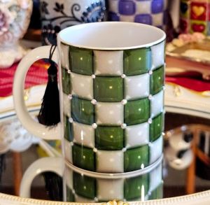 3D Green & White Square Printed Design On A Sublimation COFFEE Mug/CUP FOR GIFT/BIRTHDAY/GRADUATION/WEDDING (with Crystals)