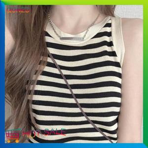 QUNED Summer Korean Stripe Knitted Tank Top Women Round Neck Sleeveless Camisole