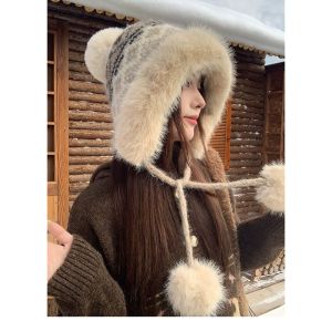 SIXIS Lót lông cừu polyester Mũ Trapper Jacquard Fair Isle Chu vi vòng đầu từ 56cm đến 58cm. Pom Pom Mũ len mềm mại Thoải mái Mũ bảo vệ tai Dành cho phụ nữ.