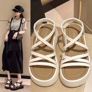 [Free Shipping] Roman Sandals For Women New Summer Style Round Toe Thick Sole Criss-Cross Straps Soft Sole Student Beach Sandals