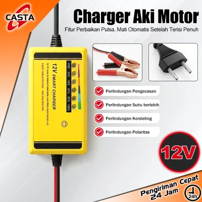 CASTA Cas Aki Motor Mobil Portable 12V 2A Charger Accu Otomatis untuk Baterai 12V 3AH-20AH Dilengkapi Chip Pintar Anti Overcharge dan Konslet Colokan EU Kabel Jepit Merah Hitam Ringkas Mudah Dibawa untuk Darurat Harian