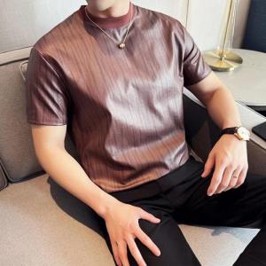 Faux PU Leather Slim Fit Head T-Shirt Youth Fashion O Neck Bottoming Shirt Nightclub Coating Striped Short Sleeve