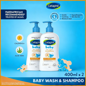 [Bundle of 2] CETAPHIL BABY Wash & Shampoo with Organic Calendula and Sunflower Seed Oil 400ml [Gentle & Hypoallergenic]