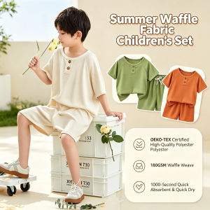 【local stock】Summer waffle set for kids Oeko certified A-class polyester 180g lightweight and breathable 1000 second quick drying high elasticity waist circumference promotes development