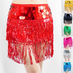 Creative Sequined Belly Dance Hip Scarf with Fringe Tassels Waist Wrap Skirt Belly Dance Costume for Dance Enthusiasts