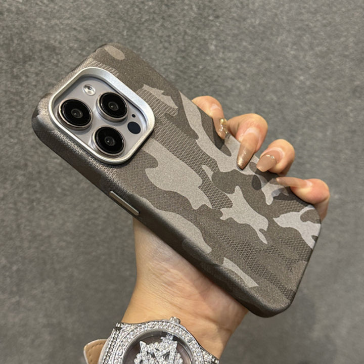 HOCE Camouflage Leather Magnetic Phone Cases For iPhone 12 13 14 15 16 Pro  Max 16 Plus MagSafe Case Metal Camera Frame Protective Shockproof Cover 