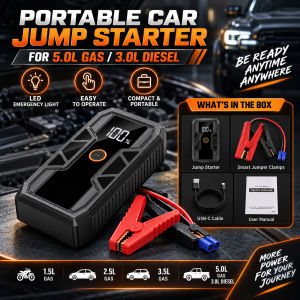 All-New Upgraded Portable Car Jump Starter 5.0L Gas 3.0L Diesel Emergency Battery Booster 12V with Smart Jumper Clamps LED Emergency Light USB-C Charging Compact Power Bank for Car SUV Motorcycle