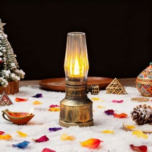 AJJHM Battery Operated Electronic Kerosene Lamp LED Light Clear Table Lantern Vintage Flameless Candlestick Christmas Decoration