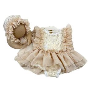Infant Photography Outfit Dress Photoshoots Hat Hairband with Delicate Lace Trim Detailing for 0-1 Month Old
