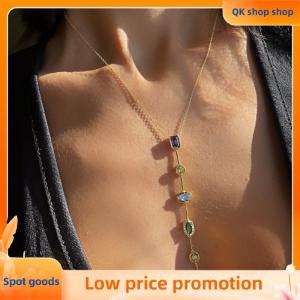 ✨QK shop✨ Retro Style Colorful Zircon Tassel Irregular Splicing Long Necklace Light Luxury Pendant Collarbone Chain For Women Jewelry
