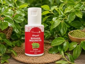 Nourysya Minyak Bidara Nourysya 30ml with green leaves and powder background