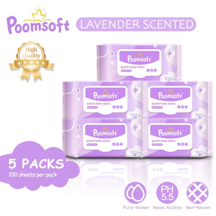 Poomsoft 5 Packs x 100 Sheet Purple Lavender Scented Alcohol-Free Baby Wipes Wet Tissue Disposable Cotton Gentle Wipes