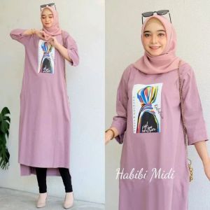 Baju Tunik jumbo Habibi Midi Dress HS Bahan Kaos Katun Combed Aplikasi Sablon Outfit Atasan Wanita Oversize Simple Elegant Terbaru Trend Kekinian