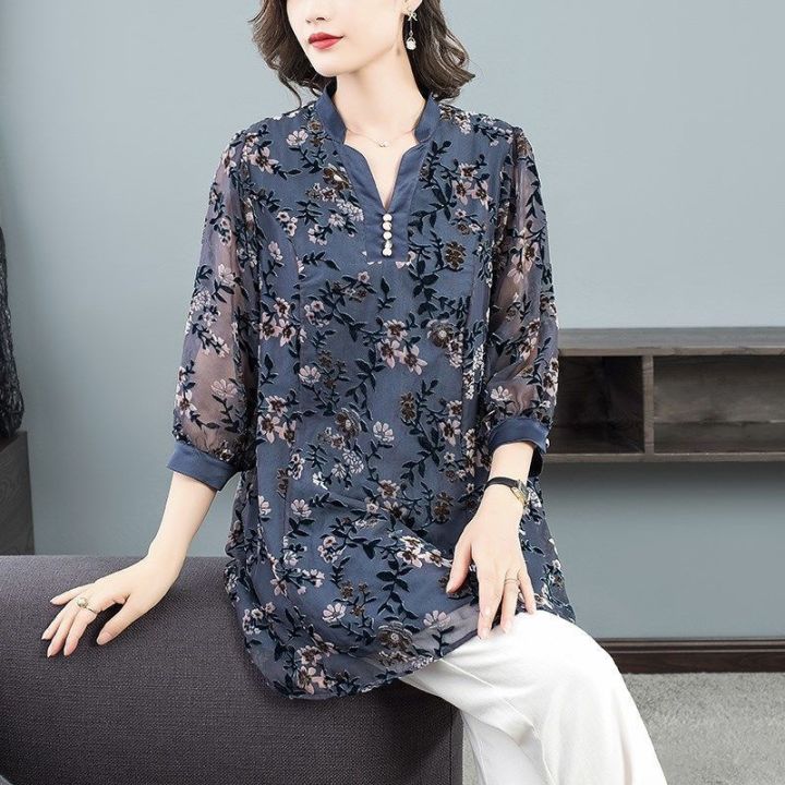 Plus Size Chiffon Shirt Women's Mid-length Blouse Fashion V-neck