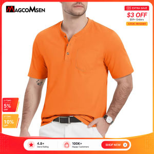 MAGCOMSEN Nam giới Áo thun bông giản dị Áo sơ mi trơn cổ điển Thời trang mùa hè Áo sơ mi Henley ngắn tay với áo thun có túi2026