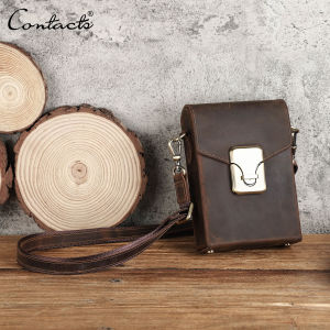 CONTACTS Crazy Horse Leather Sling Bag For Men Small Crossbody Bag Casual Men Shoulder Bag Cellphone Bag