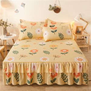 SR2N Floral Printed Double Lace Bed Skirt Three-piece Set Dust-proof 120/150/180CM Bedsheet Pillowcase Four Seasons Thickening 3in1 Bedsheet Set for Kids Adults Bedroom