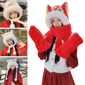 THANKSKY Bịt Tai Mũ Beanie múa sư tử Tua rua Thắt Dây Khăn quàng cổ găng tay Mũ Dễ thương Dày Mũ chui đầu năm mới Quà tặng năm mới