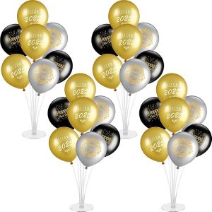4 Set Happy New Year Balloon Stand Kits for Table Centerpieces Latex Table Balloon Holder with Congrats for 2025 Holiday Party Supplies Decoration Celebration(Gold 10 Inches)