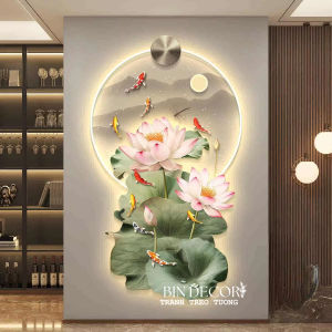 Tranh đèn led treo tường cá và hoa sen 25 tranh phong thủy tài lộc kèm đinh