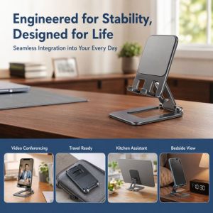 RANZH Aluminum Alloy Folding Phone Stand Adjustable Anti Slip Silicone Metal Table Holder Multi-Functional Folding Mobile Phone Holder Desk