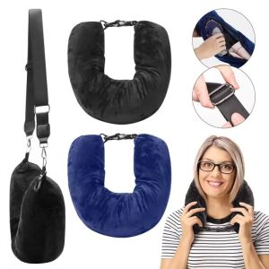 Airplane Neck Pillow With Detachable Luggage Strap Soft Velvet U-Shaped Pillow For Head Support