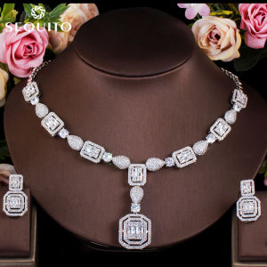 SEQUITO Dubai Wedding Pave Brilliant Multi Shape Cubic Zirconia Big Square Pendant Bridal Necklace Earrings Luxury Jewelry Set SJ147