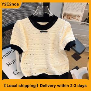 【Local shipping】 Summer Sweet Hollow Out Knitted T-shirt Women Contrast Color Round Neck Short Sleeve Crop Top
