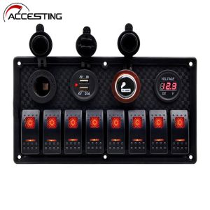 8 Gang Rocker Switch Panel Circuit Breaker Overload Protected Voltmeter 12V 24V DC USB Charger Port RV Car Boat Marine Blue LED