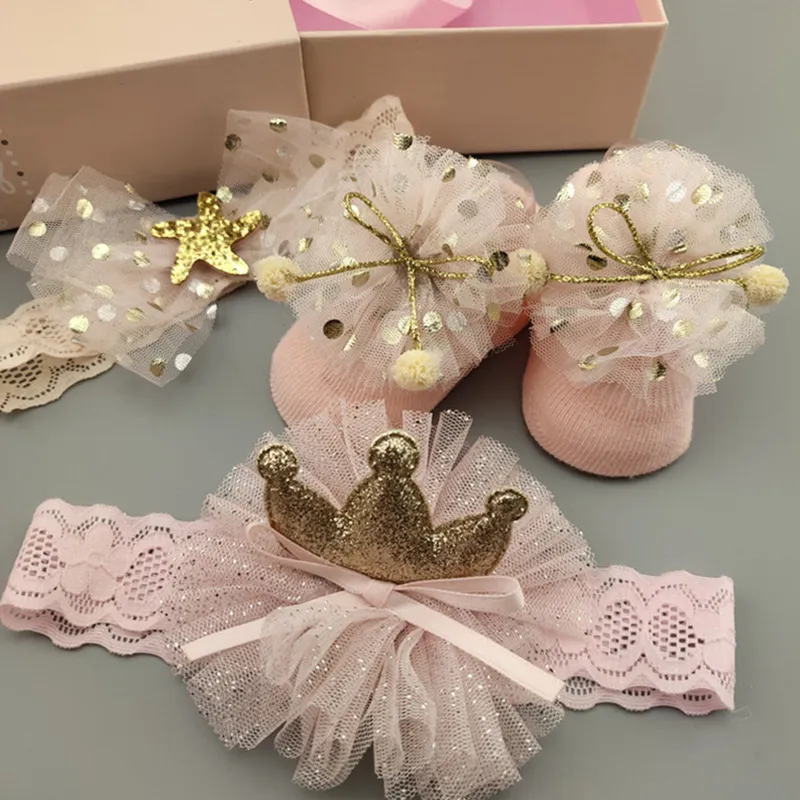 3Pcs/Set Cute Baby Headband Socks Set Girl Crown Bows Hairband