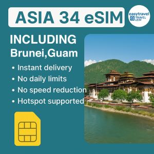 Asia eSIM 34 Countries High Speed Unlimited Data Supports Hotspot 6GB 10 Days Guam Brunei Nepal Bhutan Mongolia
