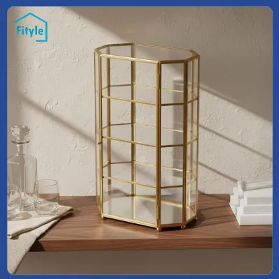 Geometric Glass Cabinet Gold-Tone Glass Display Cabinet Home Furniture Metal Frame Modern Design