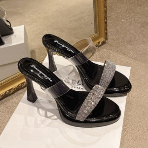 IELGY Clear Crystal Heeled Sandals Womens Summer Fashion Rhinestone Silver Block Heel Platform Sandals