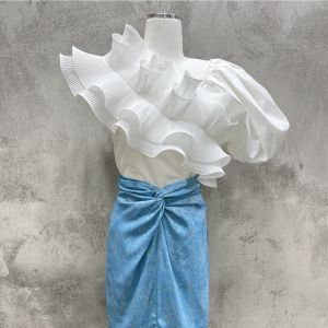 Black Patchwork Ruffle Slim Shirt For Women Skew Collar Puff Short Sleeve Ruched Solid Blouses Clothes Fashion