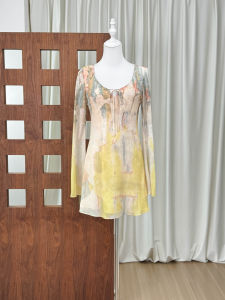 2026 Early Autumn New French Printed Tie V-Neck Flare Sleeve Women Midi Dress Casual Elegant Dress