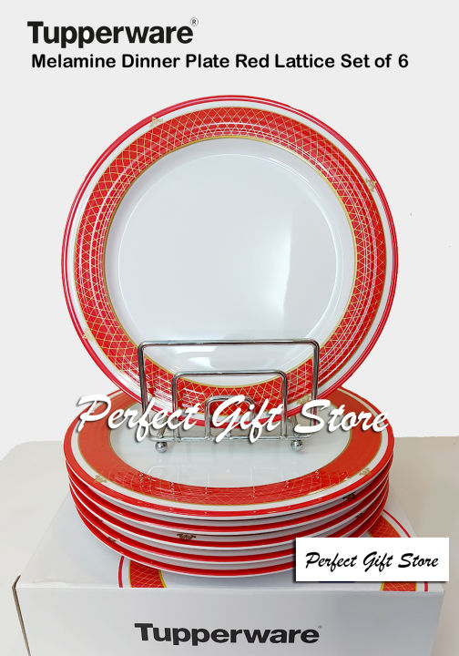 Original Tupperware Melamine Dinner Plate Red Lattice Set of