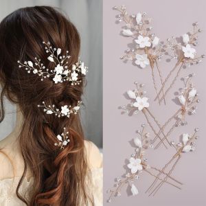 Beads Pearl Hair Pins 6 Pcs Bridal Handmade White 3D Pinch Flower Fairy Bride Wedding Hair Pieces Leaf U Shaped Hair Accessories Headpiece Bridesmaids Women Girls Gold