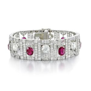 Bellux 925 Silver White Gold Plated Bracelet Synthetic Square Pigeon Blood Red Ruby Jewelry Vintage hollowed-out Bracelet