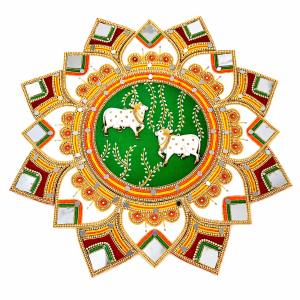 Reusable Acrylic Rangoli Set with Mirror Work | Cow Design Pooja & Diwali Floor Décor | Traditional Festive Decoration (Size - 19 inches | Set 17 Pcs)