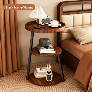 Three Tier Round End Table Walnut Wood Look Black Stand Bedroom Bedside Table