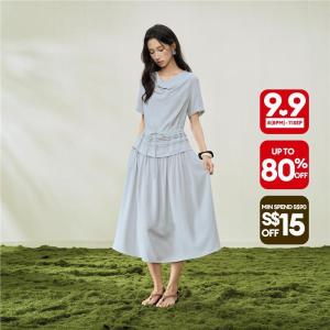 Giordano Women False two-piece pleated neckline and gathered woven dress - High Quality Free Shipping 18466509
