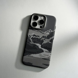 Sanptoch For Magsafe Pixel Mountain & River Phone Case For iPhone 15 / 14 / 13 Pro Max Matte Carbon Fiber Texture Cover For iPhone 15 Pro Max Drop Protection Casing with Alloy Lens Ring