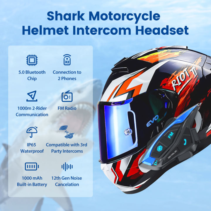 GEARELEC Shark Motorcycle Bluetooth Intercom Headset 2-Rider 1000m