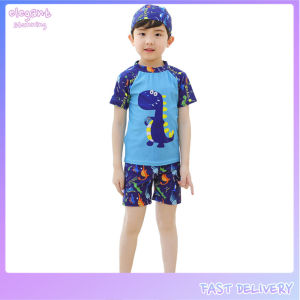 elegantstunning 3Pcs/set Boy Kid Split Swimsuit Tops + Shorts + Hat Short Sleeve Cartoon Surfing Swimwear for 3-13Y