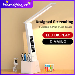 LED Desk Lamp USB Dimmable Touch with Calendar Temperature Clock Night Light Foldable Table Lamp for Study Reading Lamp