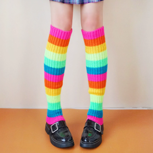 Women 80s Retro Party Ribbed Knit Leg Warmers Neon Rainbow Multicolor Striped Foot Cover Sleeve Dance Sport Long Socks