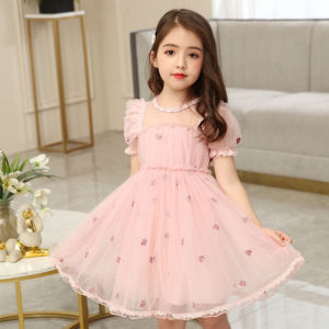 Đầm lưới tay ngắn mùa hè cho bé gái phong cách ngọt ngào đầm thêu ren in ngọc trai cho trẻ em