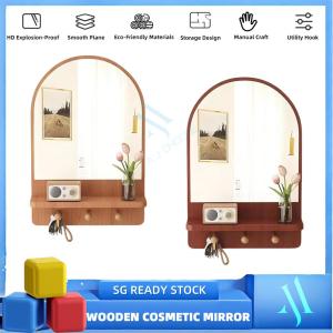 [SG Stock]Japanese wall Hanging Mirror Walnut with Shelf Hook Mirror Decorative Mirror Cosmetic Mirror