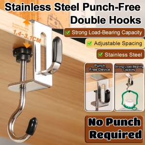 Stainless Steel Punch-Free Table Double Hook Adjustable Desk Side  Double Hook Storage Organizer for School Supplies
