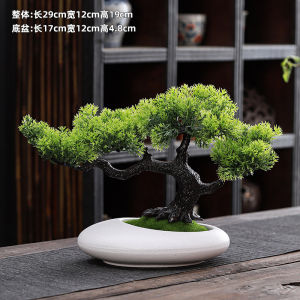 Artificial Welcoming Pine Bonsai Ornament Chinese Zen Style Office Desktop Decoration Living Room Entrance Hall Tea Table Hotel Soft Furnishings Green Plants and Potted Plants
